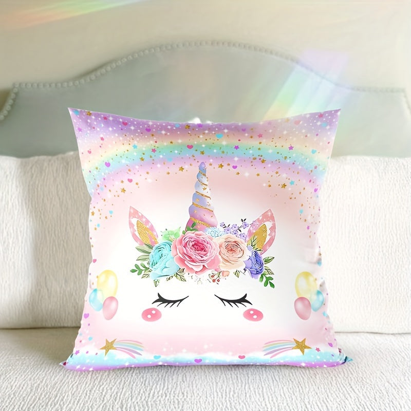 Unicorn-themed pillowcase made of woven polyester with zipper closure. Machine washable and suitable for bedroom, sofa, and home decor. Features contemporary unicorn pattern design.