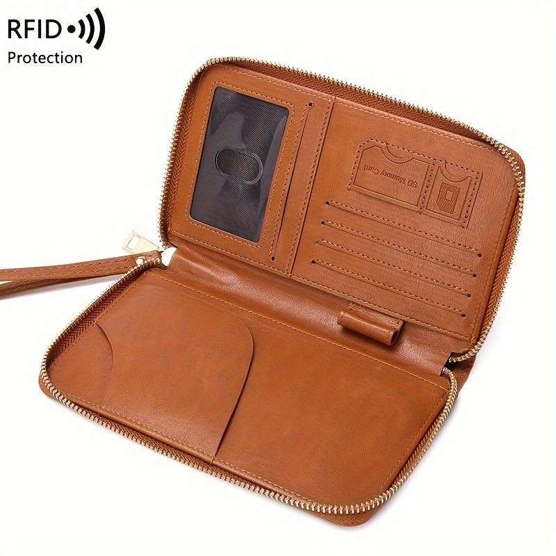 Brown PU travel wallet with RFID blocking for passports, cards, tickets, and IDs. Zipper closure and wrist strap, compact design with multiple compartments for secure organization.