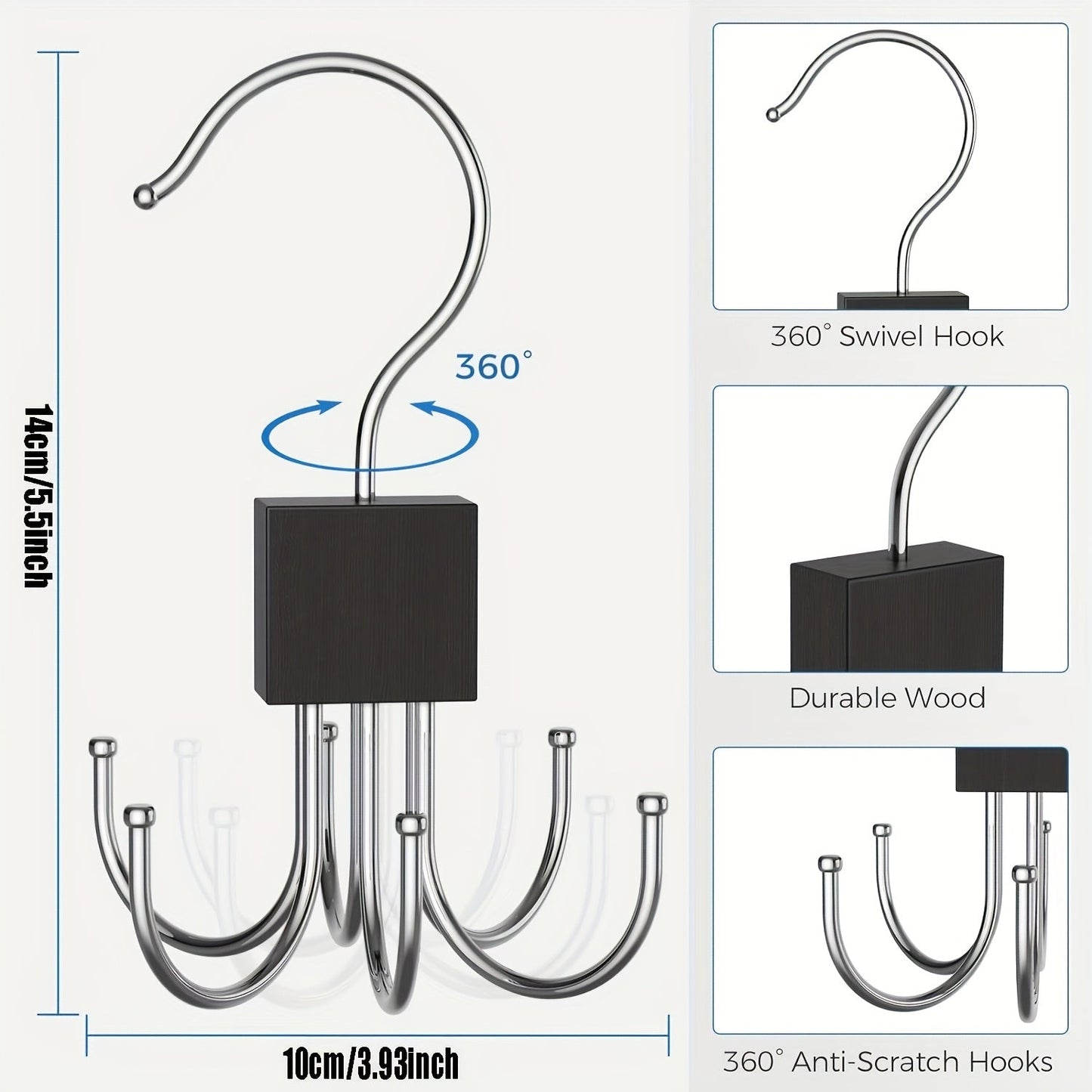 Rotating Wood Belt Hanger Organizer with Stainless Steel Hanging Hooks - High Capacity Storage for Belts, Bras, Ties, Scarves, Vests, and More - Stylish Addition to Your Closet