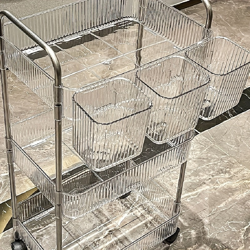 3-Tier rolling storage cart with easy assembly, durable acrylic organizer for snacks, beauty, and personal care products. Ideal for bathroom, office, and laundry room.