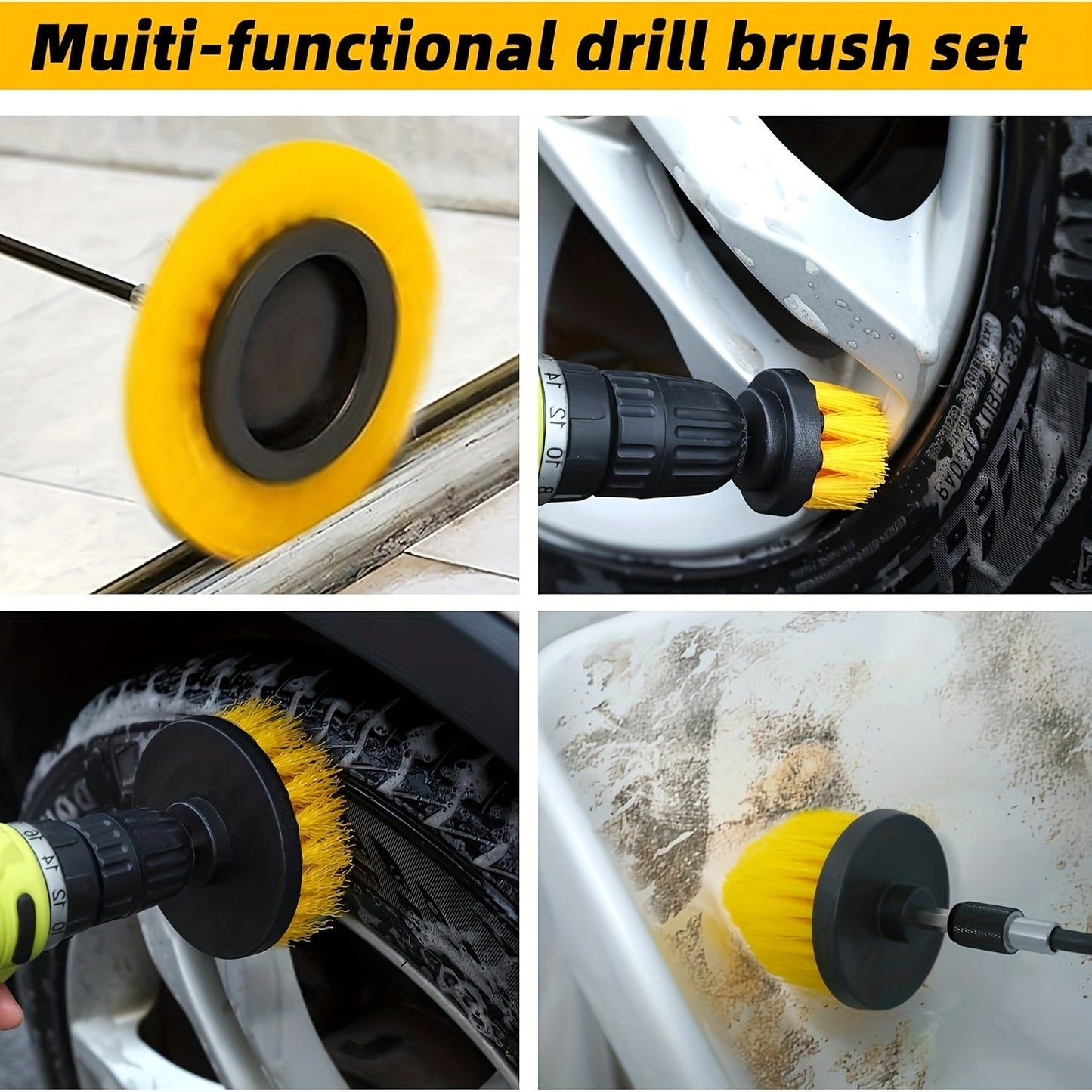 Get a package of Drill Brush Attachments with Cleaning Pads in sets of 3, 8, 10, 13, or 16. This Multi-Purpose Electric Scrubber is perfect for use in bathrooms, on floors, tiles, grout, and for car detailing.