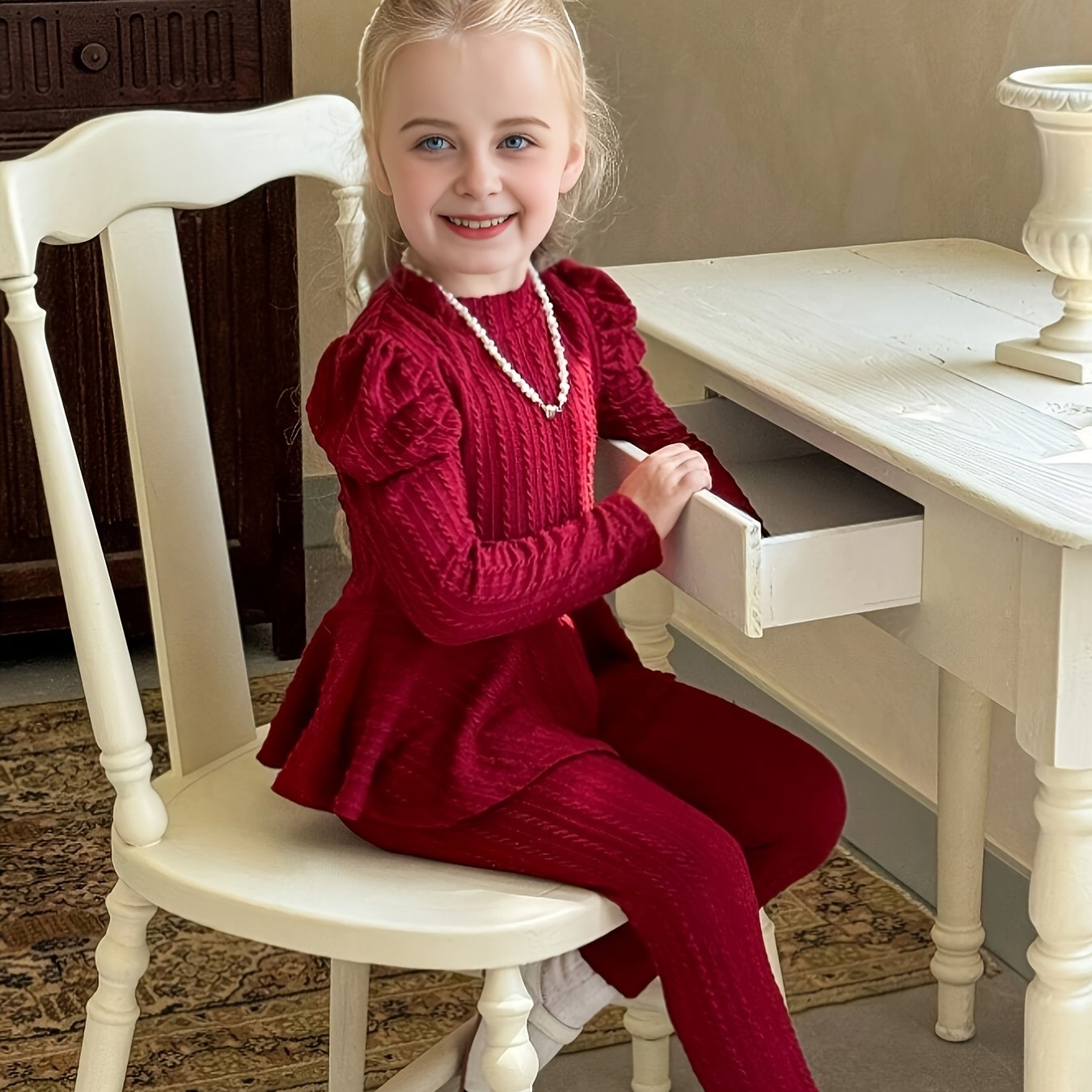 Girls' 2-piece knitwear set with bubble sleeve top, jacquard pants, solid color, casual style, regular fit for Fall/Winter outdoor wear. Made of 95% polyester and 5% spandex stretch fabric.