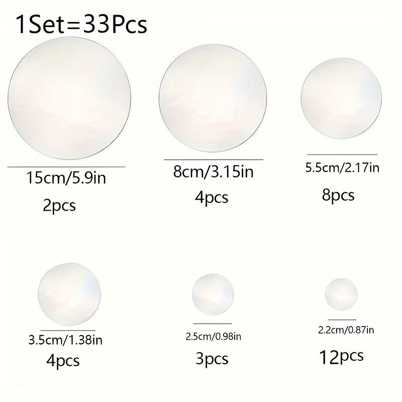 33 round 3D acrylic mirror wall stickers, self-adhesive and removable. Suitable for various rooms. Waterproof and no electricity required.