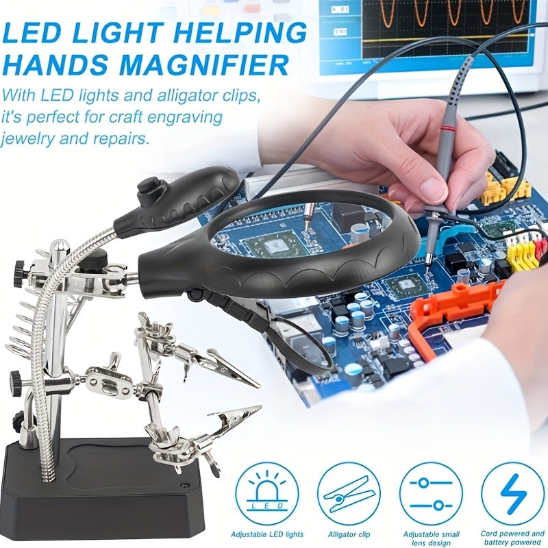 LED lighted magnifying station with 2.5X, 7.5X, and 10X magnification, perfect for soldering and crafting. Includes clamp and alligator clips for easy use on desktop. Ideal for jewelry