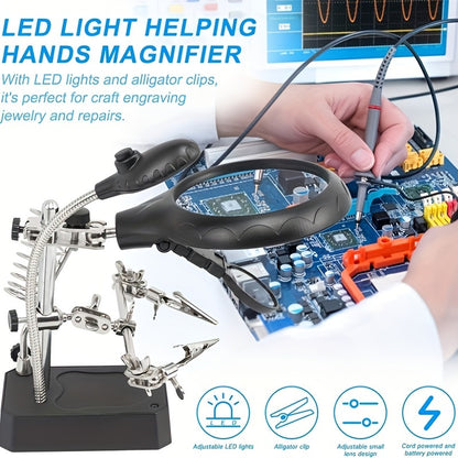 LED lighted magnifying station with 2.5X, 7.5X, and 10X magnification, perfect for soldering and crafting. Includes clamp and alligator clips for easy use on desktop. Ideal for jewelry