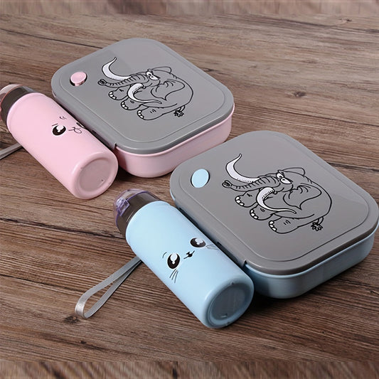 Cartoon Elephant Lunch Box Set with Water Bottle and Spoon, 1 Piece - Hand Wash Only, Made of Plastic, Rectangle Shape, Manual Operation, No Electricity Needed