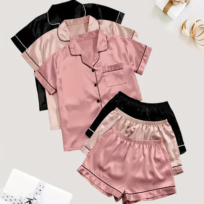 Solid satin pajamas with short sleeve button top and elastic shorts for women's sleepwear.