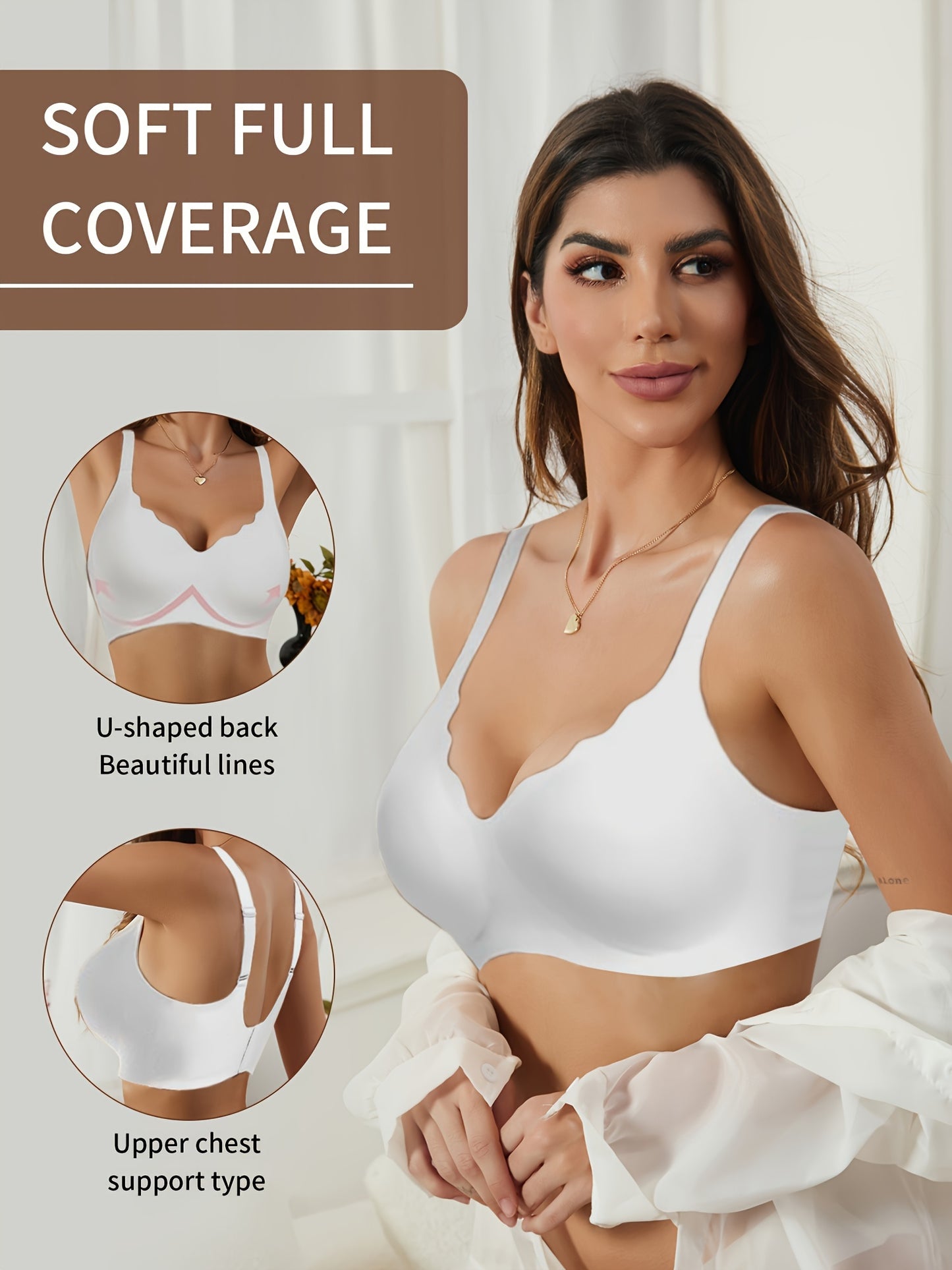 Seamless wireless push-up bra with deep V-neck and scalloped design for comfortable support