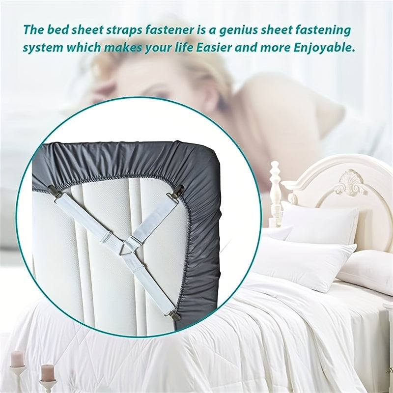 1 piece of bed sheet fixer strap with 4 pieces of fasteners. This adjustable triangle clip is designed to prevent bed sheets from slipping and ensures a secure fit.