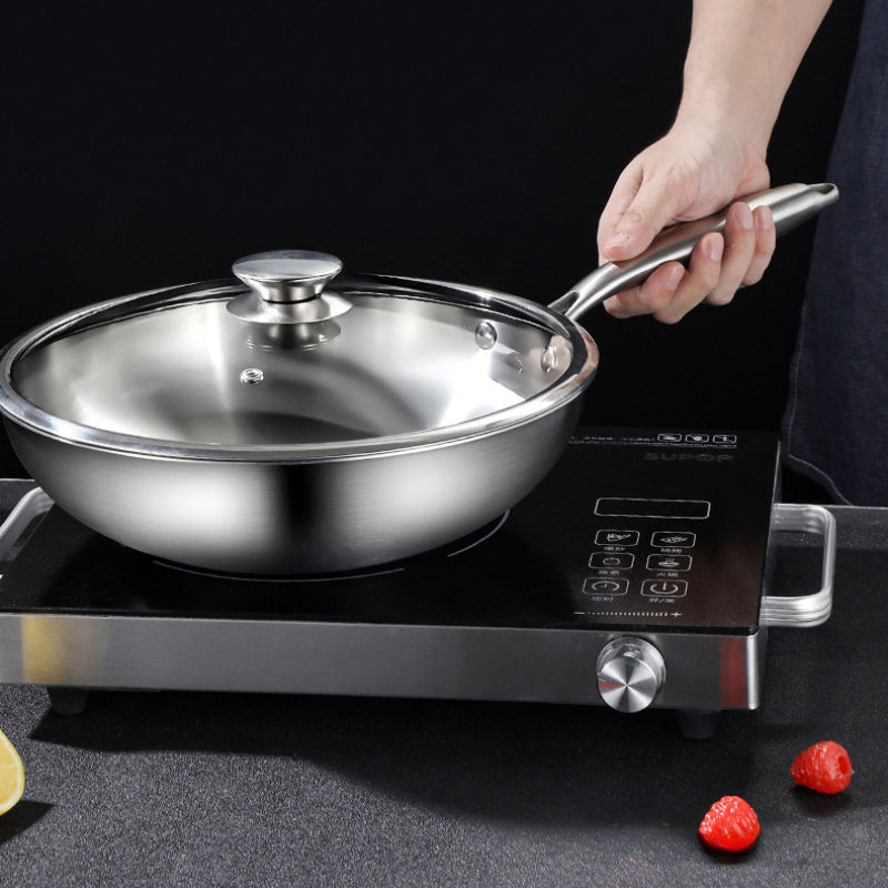 1 piece of 12-inch stainless steel skillet with lid, induction compatible, extended handle, and uncoated cookware for versatile cooking.