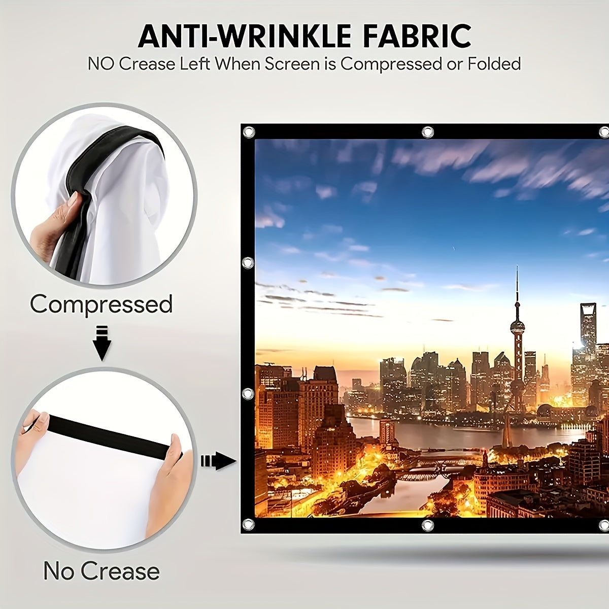 150-inch HD portable projector screen, foldable, wrinkle-free, for indoor/outdoor use, double-sided projection support.