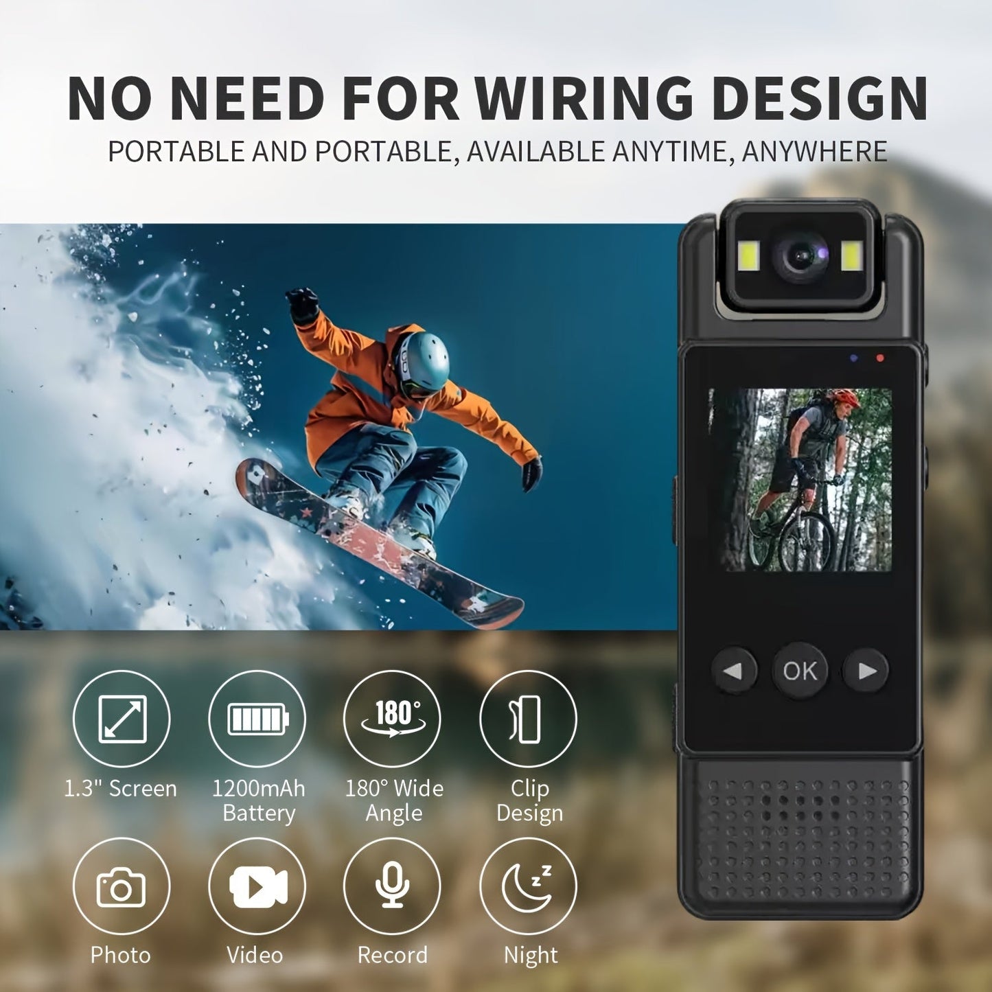 1080p Full-Body Wearable Camera with 180° Rotatable Design, Wide Angle & Night Vision, USB Rechargeable, Button Control, Smartphone Compatible, Portable Wireless Action Cam for Sports & Outdoor Activities - 1pc (SD Card Not Included)