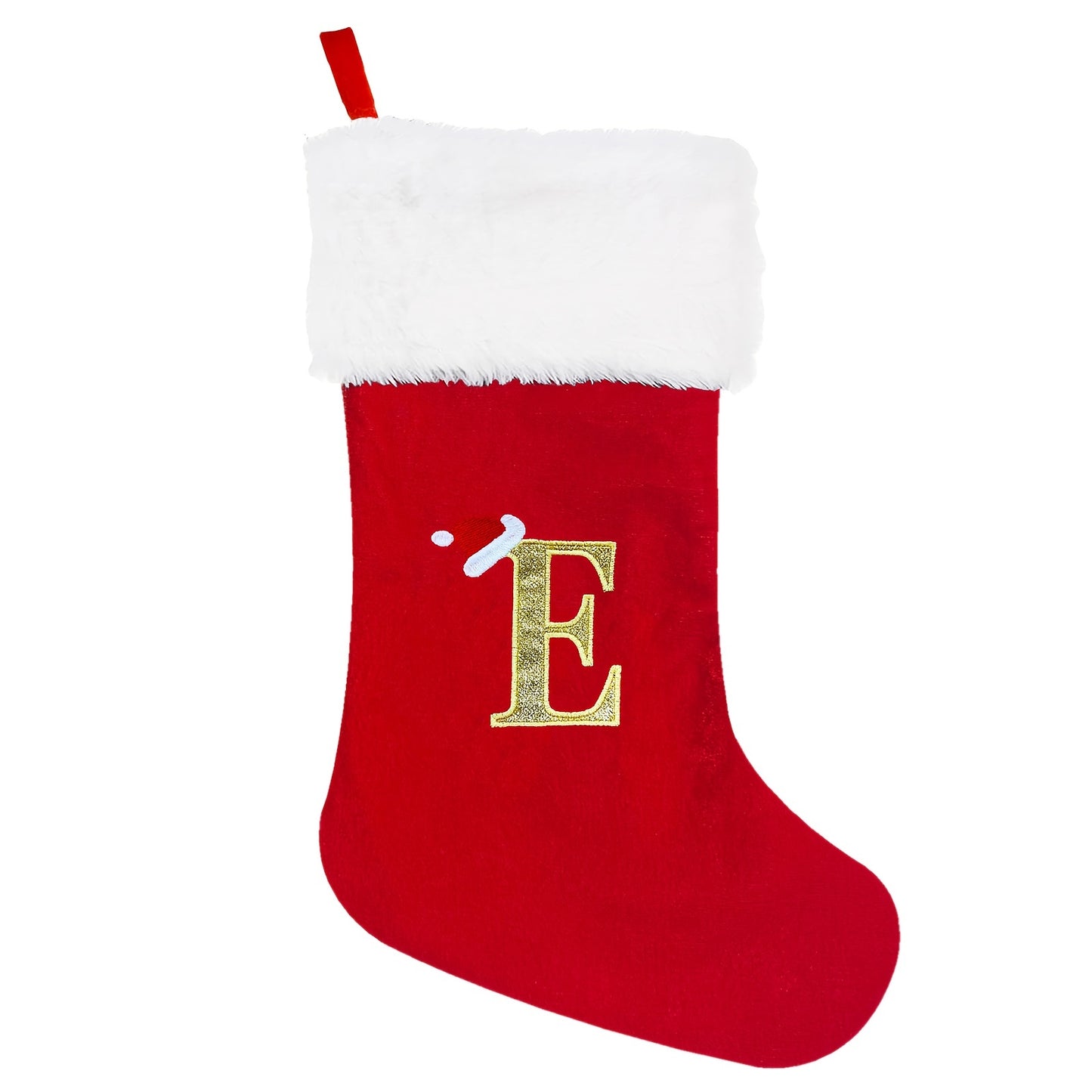 1 red velvet Christmas stocking with white plush cuffs, embroidered initial, 53.34 cm. Perfect for holiday parties and home decorations.