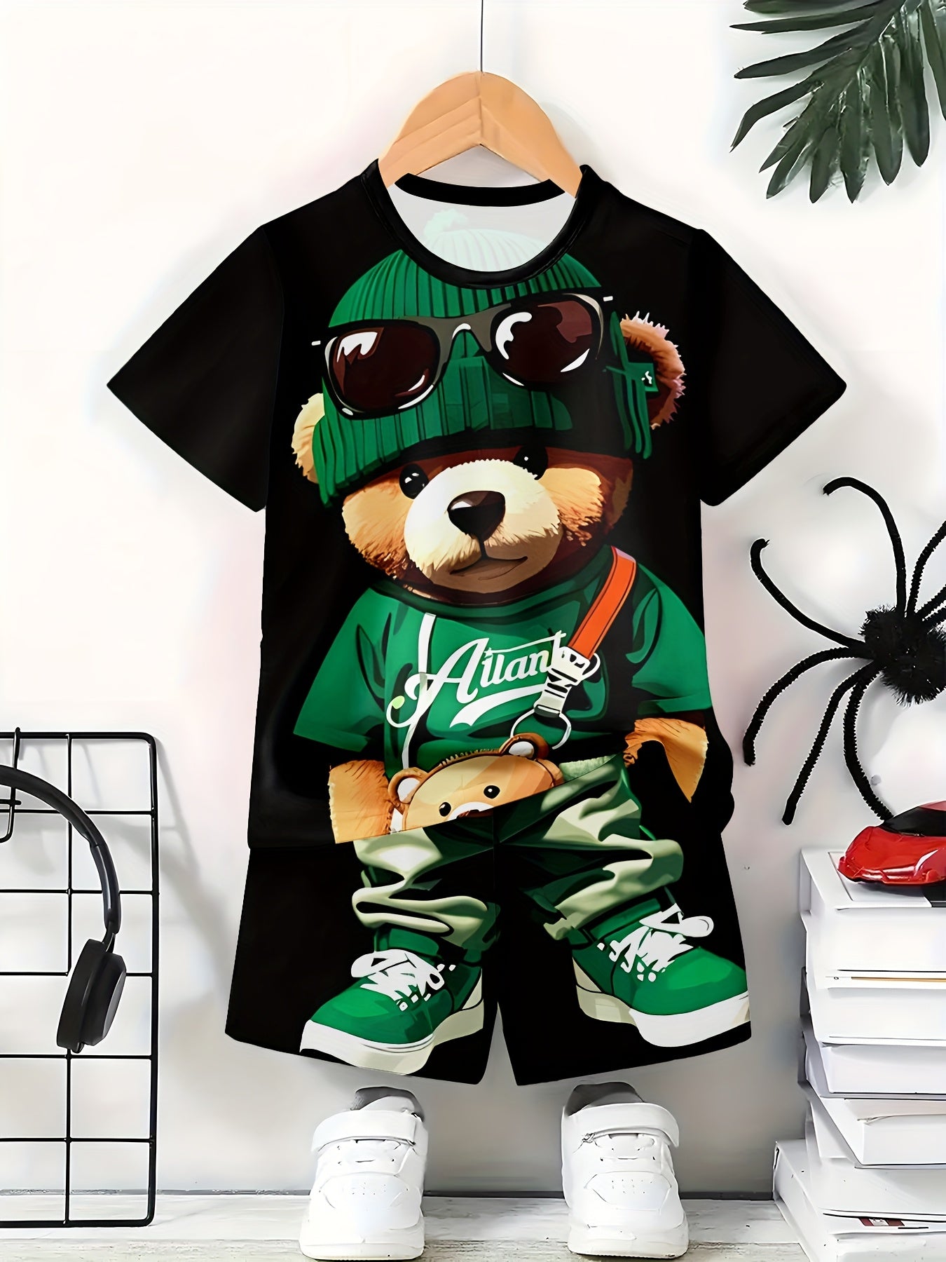 Boys' 3D printed casual outfit set with comfy polyester T-shirt and shorts featuring cool bear design, ideal for spring/summer and outdoor wear.