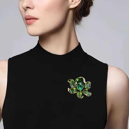 Retro and Fashionable Green Oil Drop Crystal Multi-Layer Flower Brooch, Available in 1 or 2 pieces. Perfect for Sweaters, Shirts, and Clothing. Includes Anti-Exposure Pin for Daily Wear.