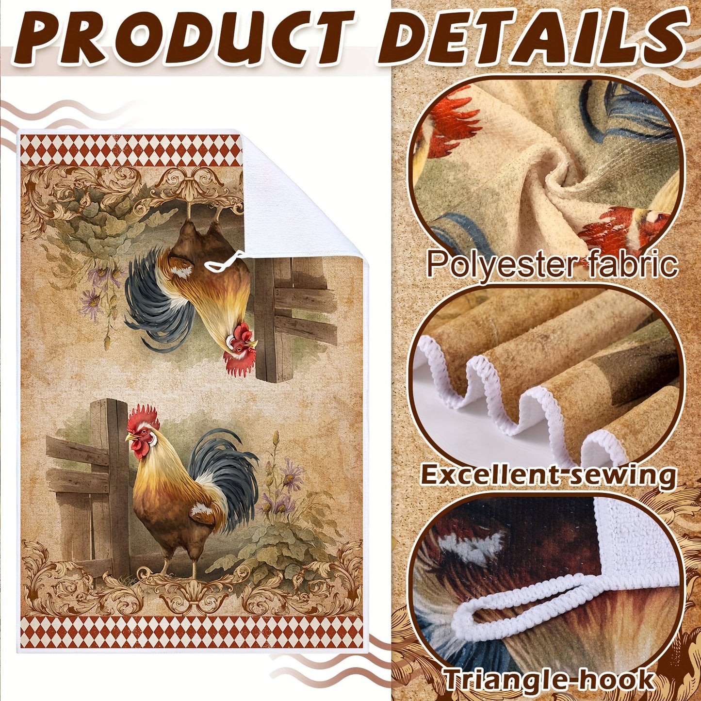 4pc Rustic Rooster Kitchen Hand Towels, Polyester Dish Cloths, Country Style Vintage Christmas Tea Towels