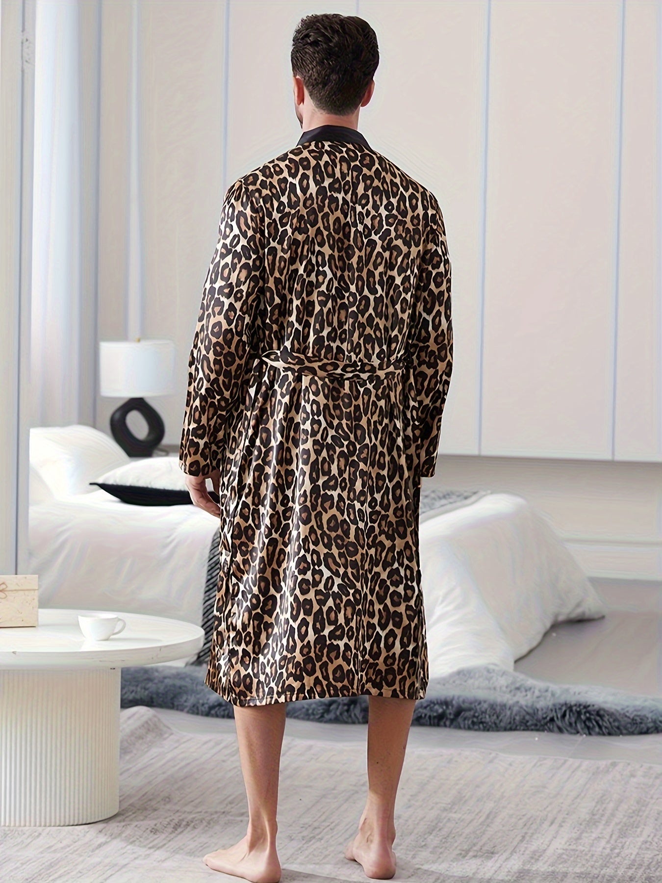 Men's Leopard Print Pajama Set with V-Neck, Long Sleeve Robe, Belted Pants - Machine Washable Casual Sleepwear