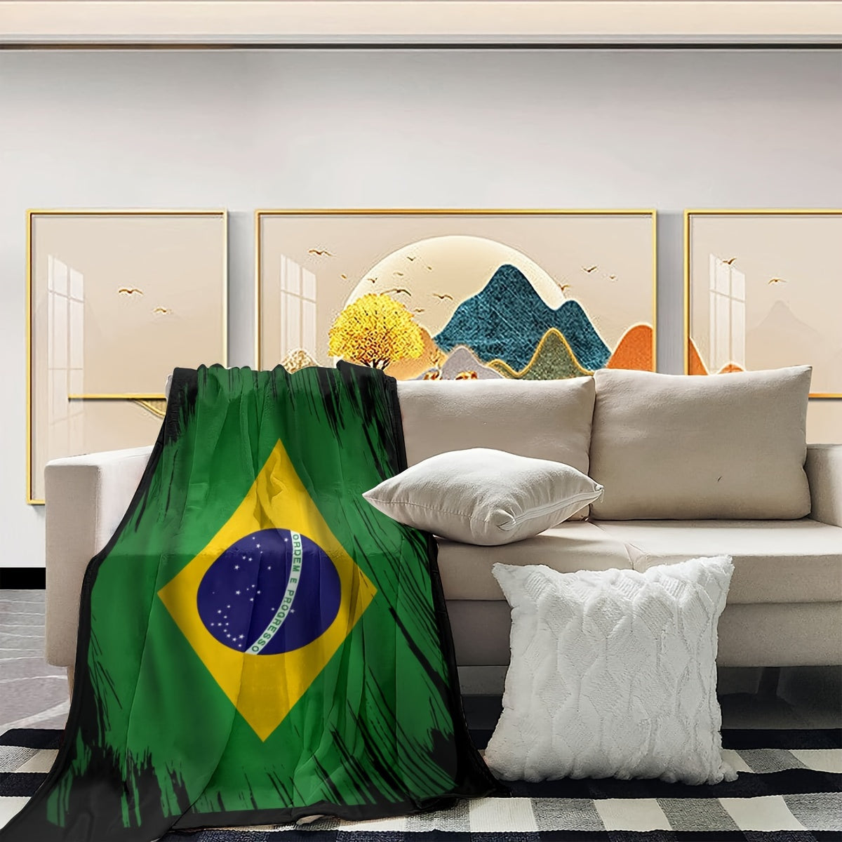 Ultra-soft Brazilian Flag digital print blanket by ZR - featuring a cozy flannel throw in patriotic green, yellow, and black design with the national emblem. Perfect for home and travel, providing all-season comfort.