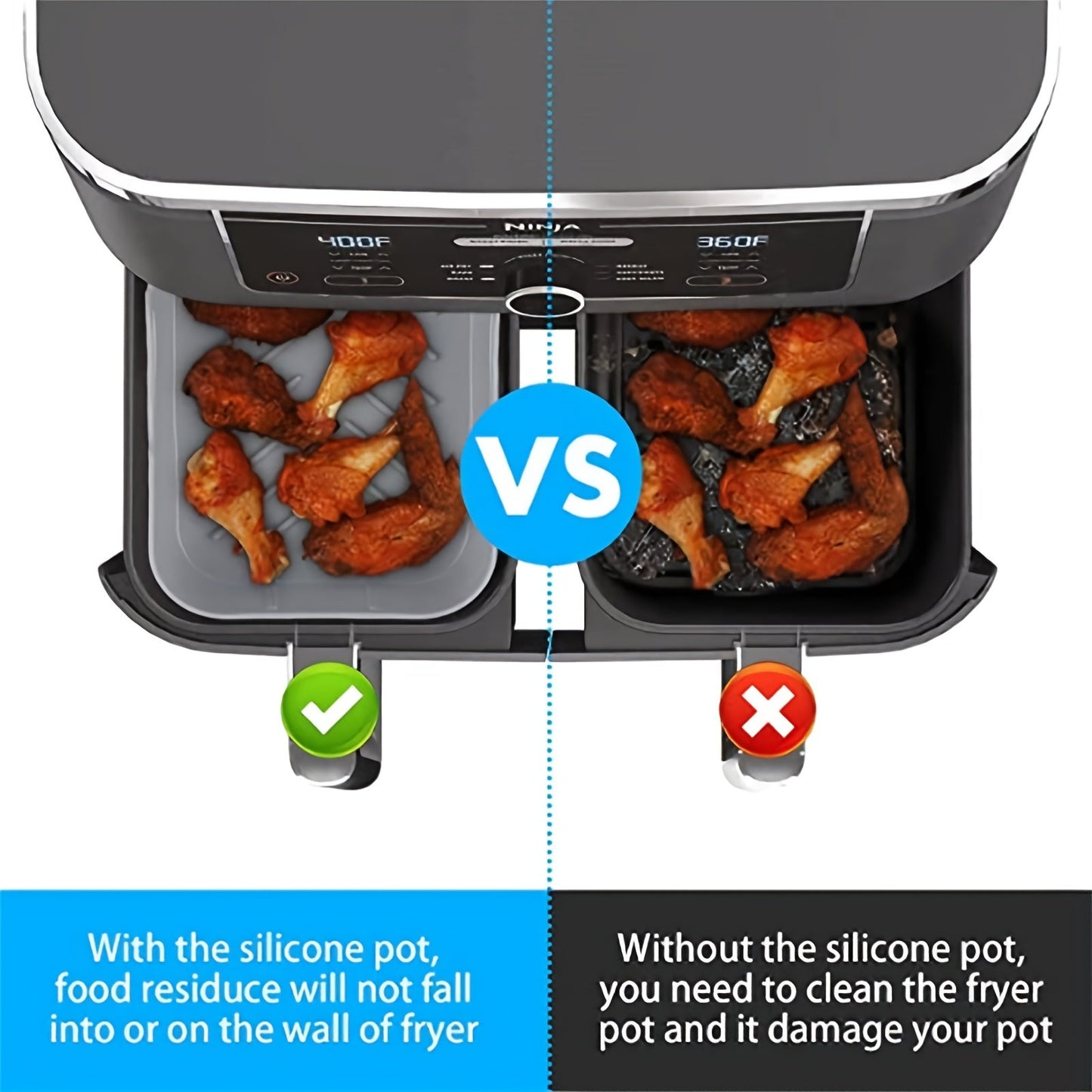 Circular silicone inner liner for air fryers, available in 18cm, 19cm, and 22cm diameters. This reusable oil pan is food-safe and suitable for circular air fryer baskets, as well as ovens, microwaves, and steamers.