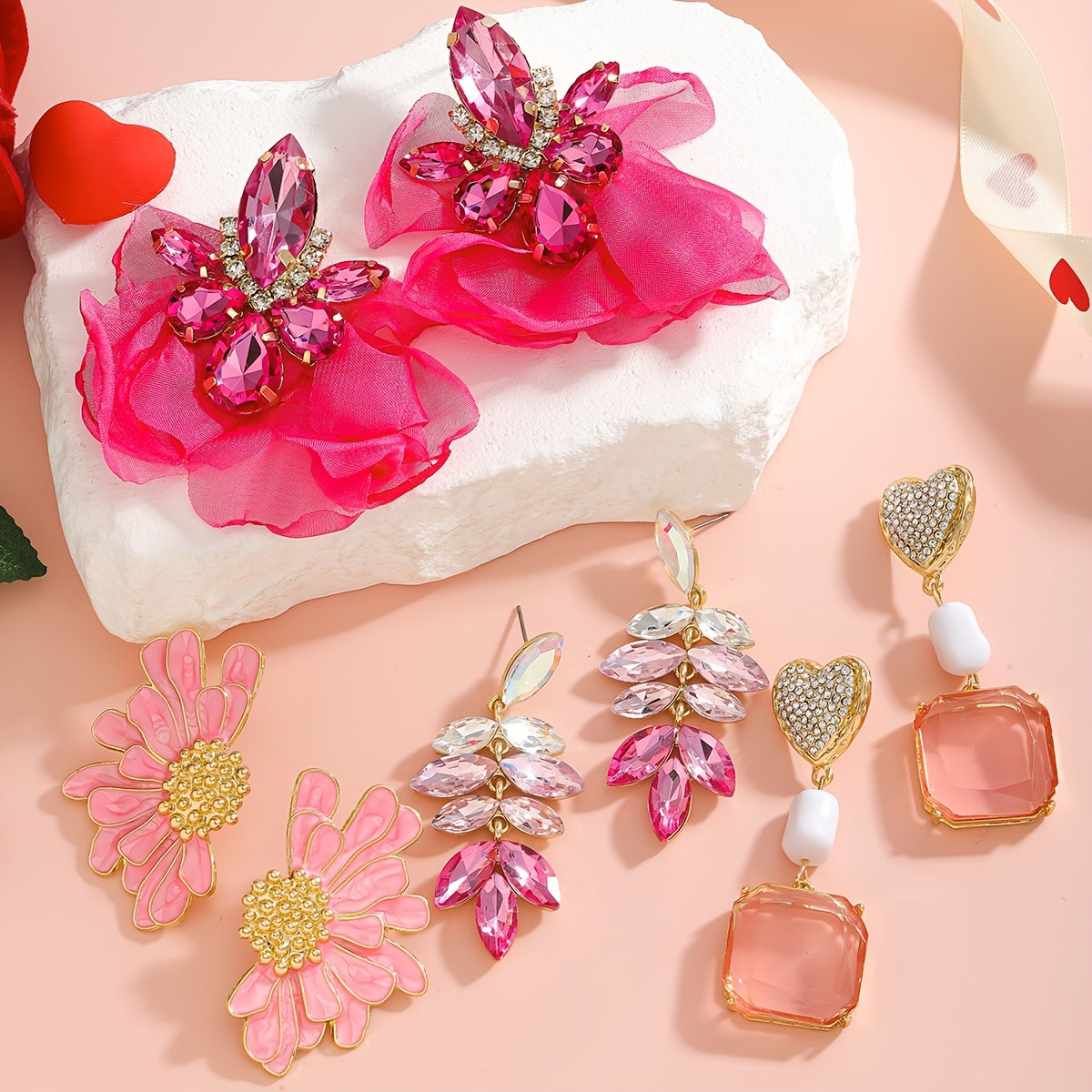 Stylish Valentine's Day Rhinestone Flower & Heart Dangle Earrings in Sweet Pink Zinc Alloy Drop style, featuring Stainless Steel Posts. These Luxury Fashion Earrings for Women are ideal for parties and as gifts.