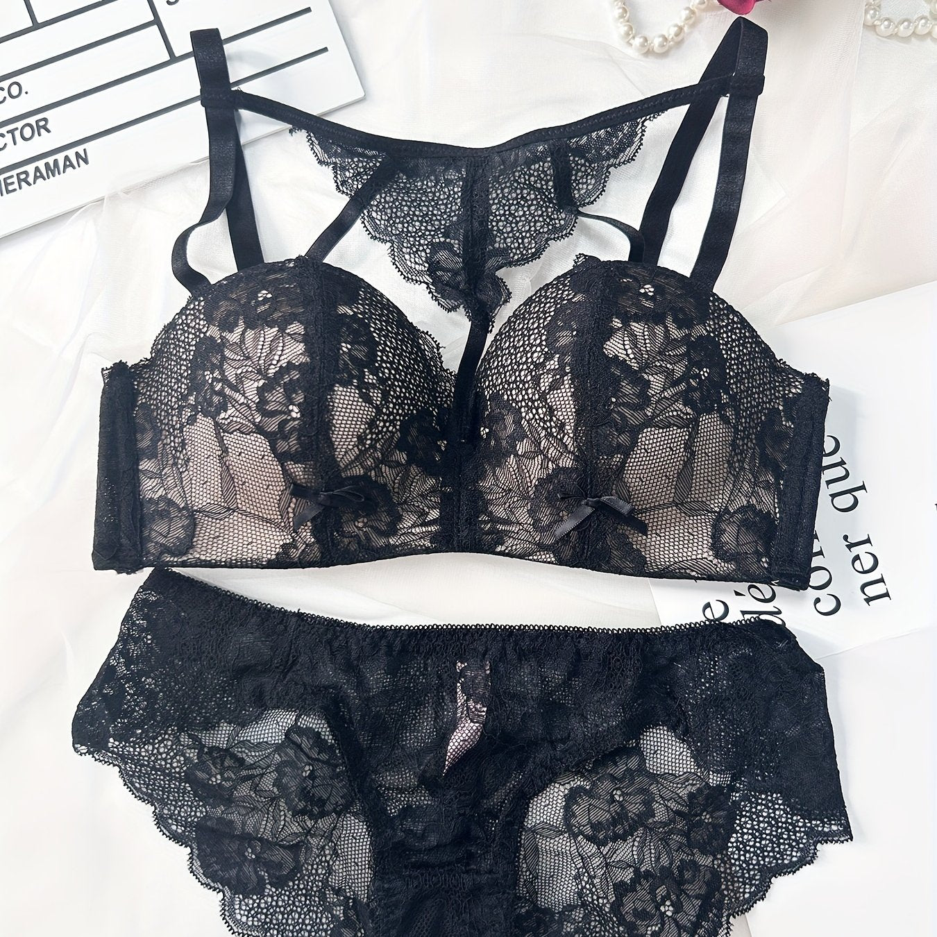 Women's lace lingerie set with medium support, polyamide jacquard bra and briefs, non-removable padding for comfort, contrast lace detail in basic style.