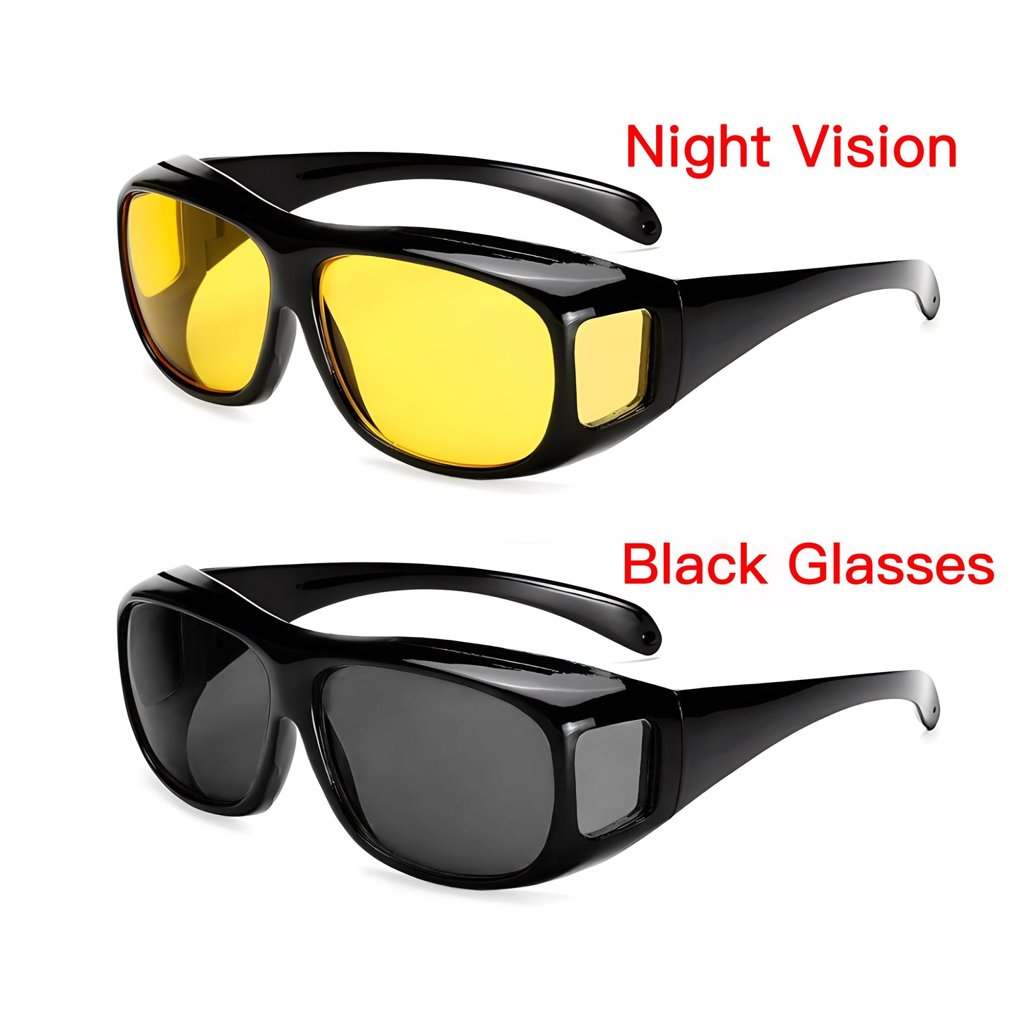 Night Driving Glasses set includes 2pcs for men and women, featuring oversized fashionable black frames for daytime and yellow lenses for nighttime.