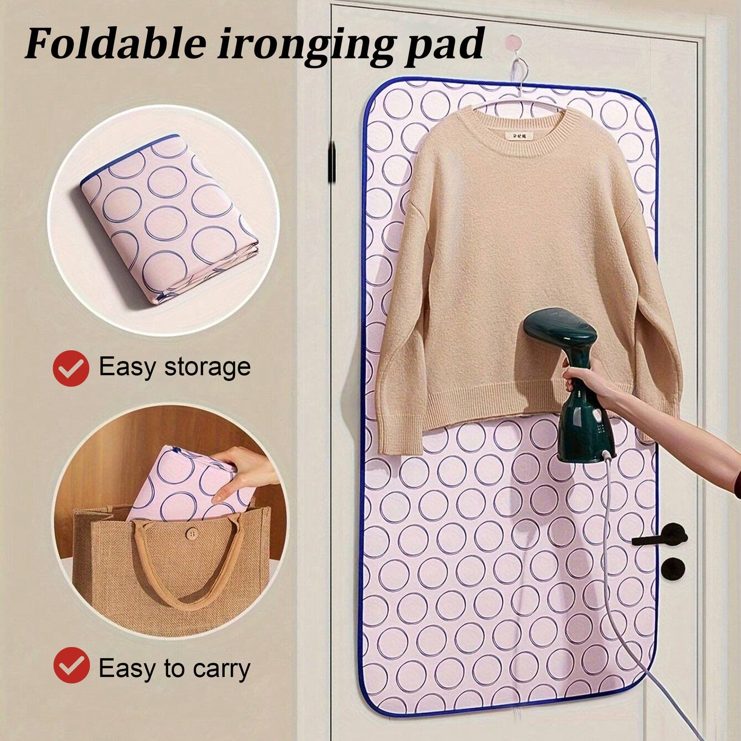 Set includes 2 foldable ironing mats and handheld board with moisture-resistant, high-temperature resistant, and non-slip features. Perfect for travel, dorm, and home use without the need for electricity.