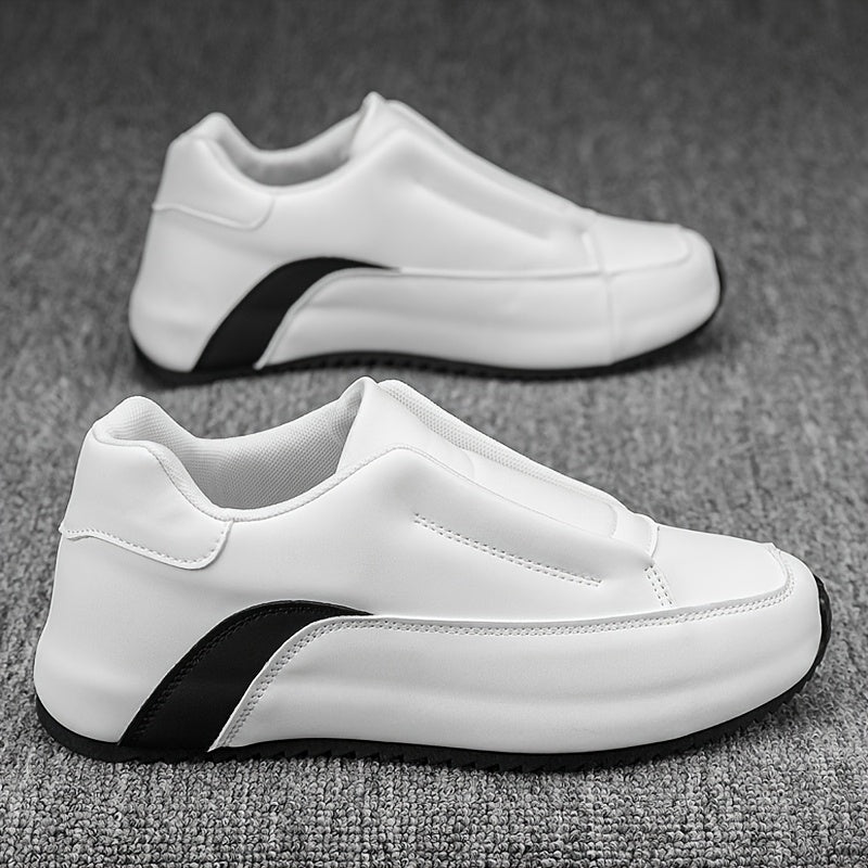 Men's slip-on casual sneakers in black & white with a thick sole, height boosting feature, round toe, and low-top design. Made with PU upper and fabric lining for versatility in all seasons.