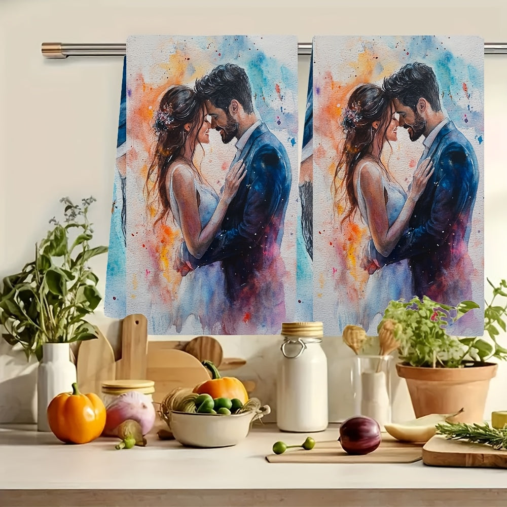 Two pieces of romantic watercolor couple kitchen towels.
These towels are ultra soft and highly absorbent, made of polyester.
With dimensions of 40.64x60.96 cm, they are perfect for drying dishes.
They are machine washable and feature vibrant holiday