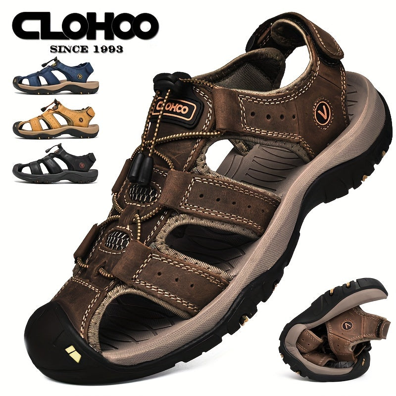 Clohoo Brand Men's Outdoor Casual Sports Sandals made with Cowhide Upper, Rubber Sole, Soft Bottom, and Breathable Comfort.