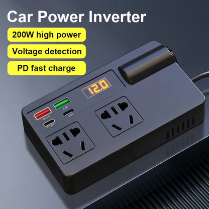 200W high-power car power inverter with voltage detection, fast charging, multi-USB ports, converts 12V/24V to 220V, PD fast charge, compact design, US plug.