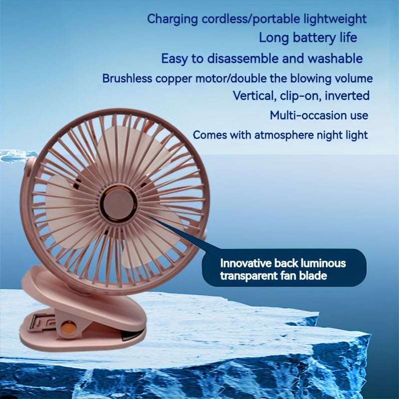 Portable USB Rechargeable Desk Fan with Nightlight - 1 Piece, 5 Speeds, 720° Rotation, Clip-On Design, Quiet Operation, Easy to Clean, Suitable for Indoor and Outdoor Use, Made of Durable Plastic, Includes Push Button Control and Built-in Lithium Battery.