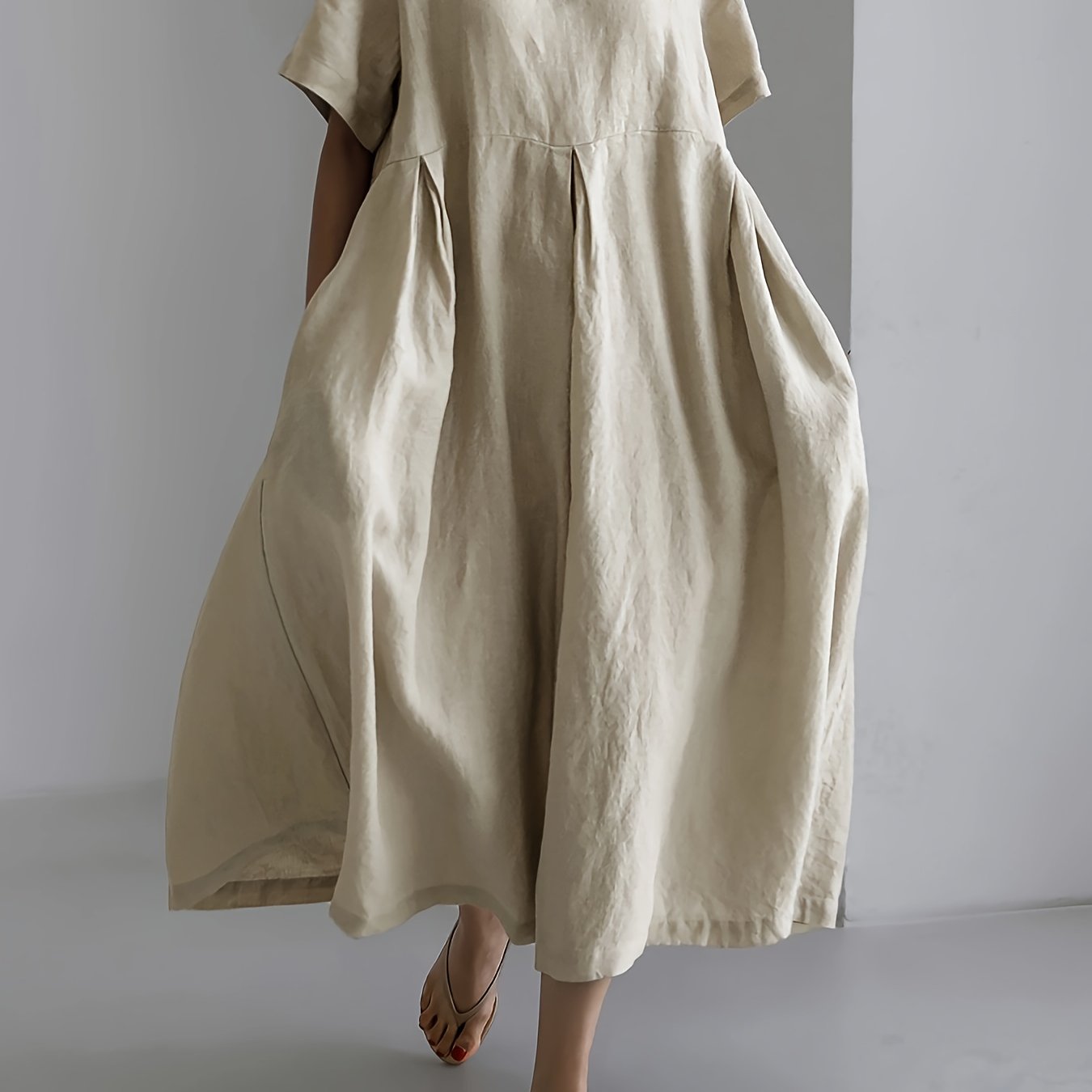 Women's Linen Blend Midi Dress with Oversized Flowy Skirt, Round Neck, Short Sleeves. Machine Washable, Suitable for Beach Outings and Vacations.