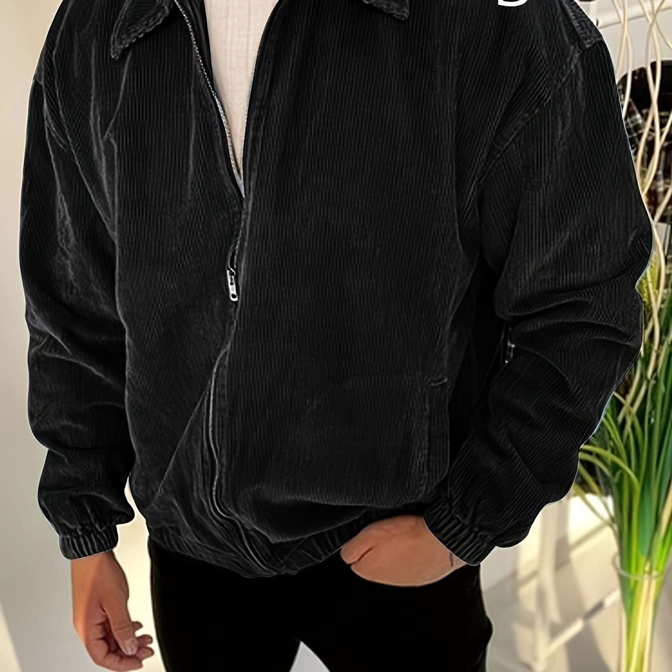 Solid black corduroy jacket for big & tall men, featuring collar, zip-up front, and pockets. Suitable for fall/winter travel, parties, and casual preppy style. Plus size.