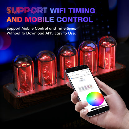 ClocTeck Nixie Tube Clock with Wi-Fi time calibration, alarm, and 12/24h display in walnut finish - no assembly required. A unique retro gift for friends.