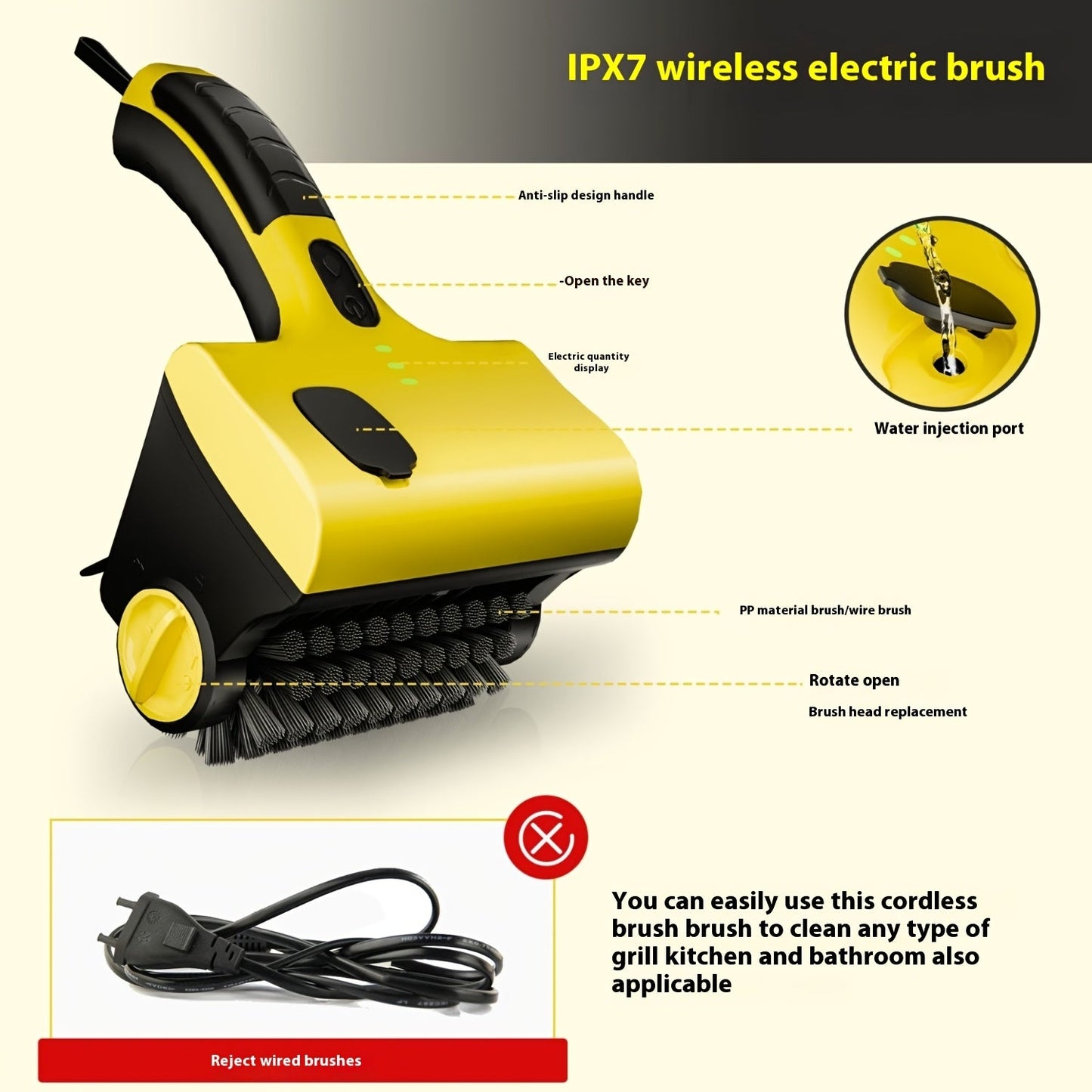 Wireless electric grill cleaning brush with replaceable brush head, suitable for household kitchen tile cleaning.