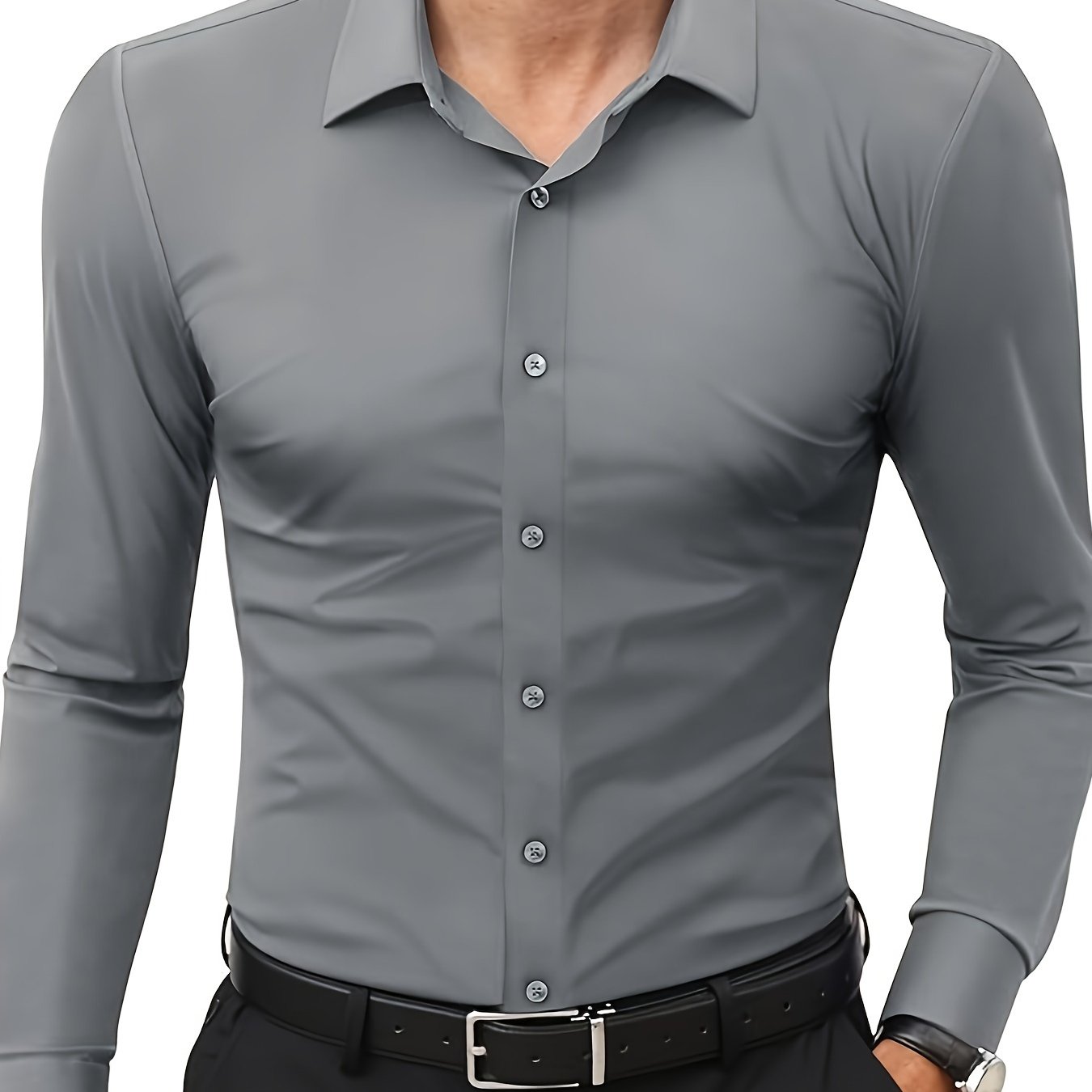 Slim fit long sleeve shirt for men made of 55% cotton, 40% polyester, and 5% spandex. Solid color with lapel collar, button-up closure, and all-season wear. Casual weekend wear, woven