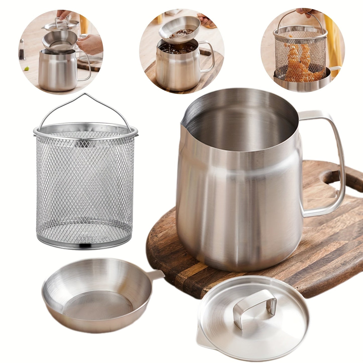 Stainless Steel Oil Filter Pot with Mesh Strainer - High Capacity, Drip-Free, Convenient Pouring for Cooking & Camping