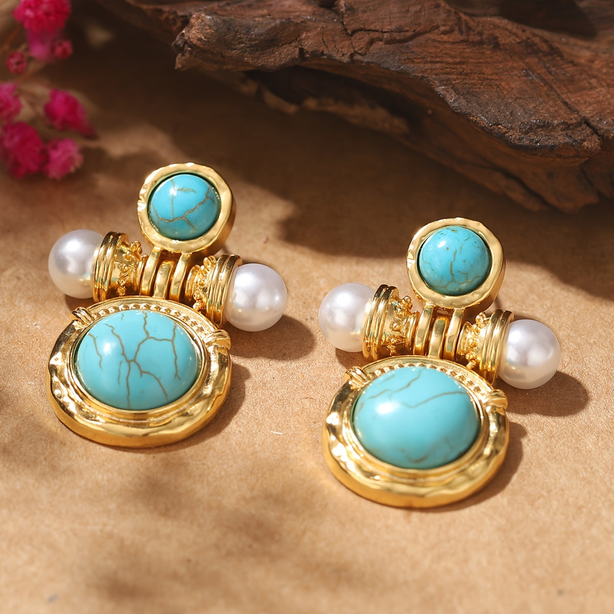 Elegant Bohemian Turquoise Pearl Earrings: Featuring 18K Gold Plating on an Alloy Base with Silver Earwires, Perfect for Everyday Wear and Special Occasions