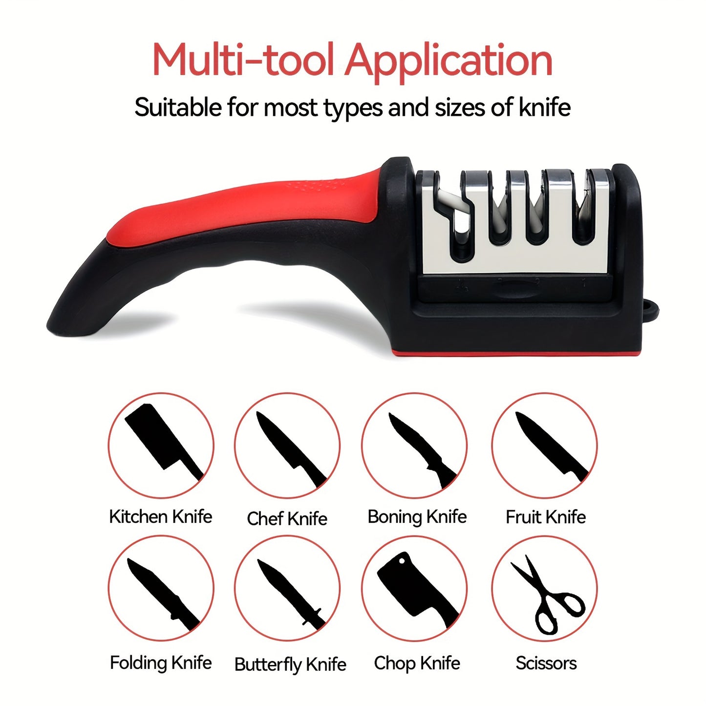 Professional 4-stage kitchen knife sharpener with tungsten, diamond, and ceramic stones.