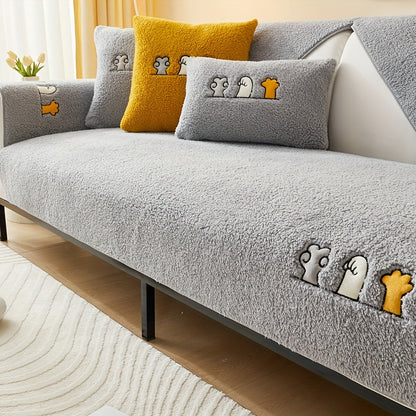 Luxurious faux lamb plush sofa cover for winter, pet-friendly and machine washable. Provides scratch protection and fits single to four-seater sofas, bedroom, and cushion.