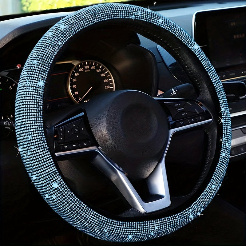 Bling car steering wheel cover made of stretchy spandex, fits most vehicles without inner ring.