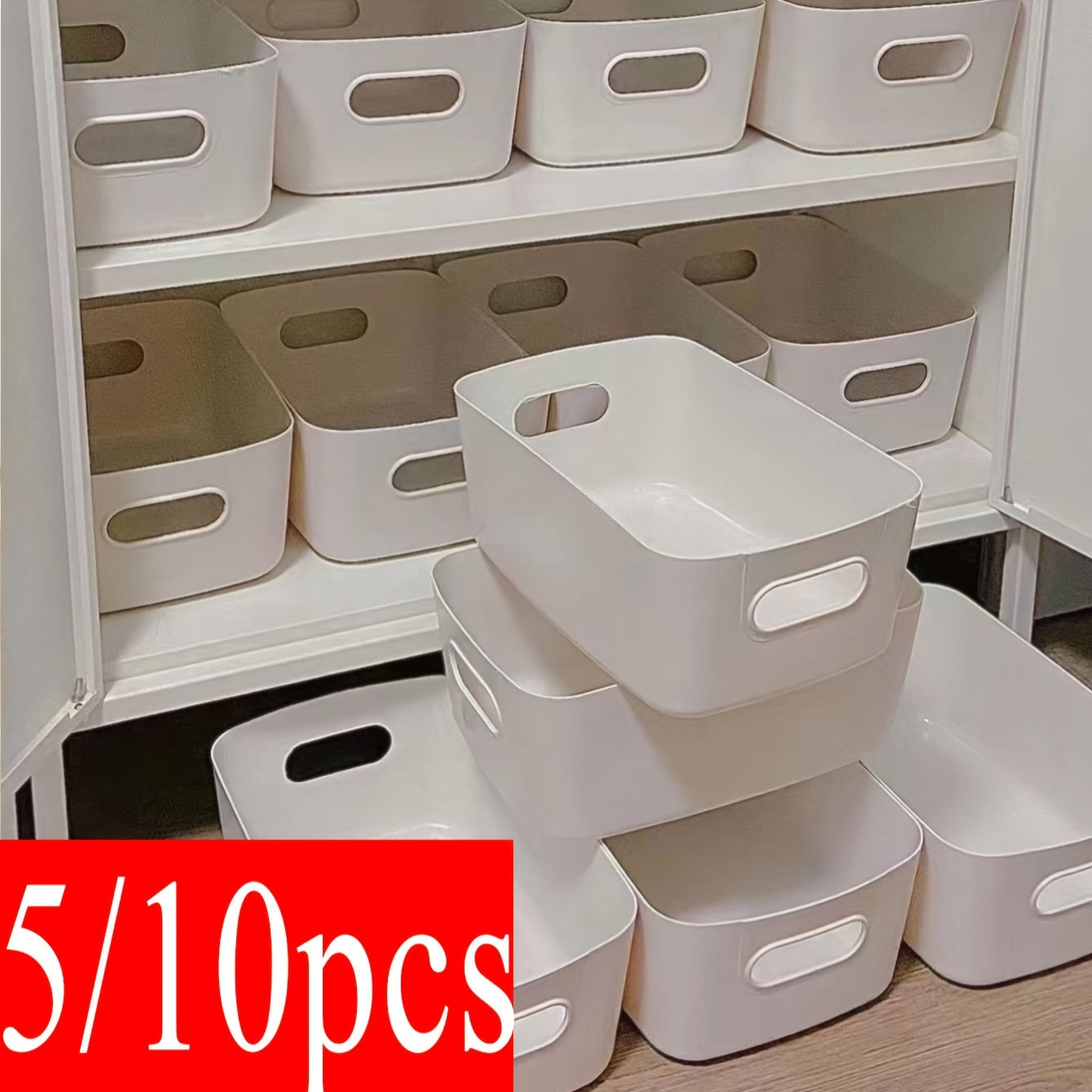 5/10 White Plastic storage bins with a polished finish are portable and weather-resistant, suitable for organizing kitchen, cosmetics, and miscellaneous items without needing electricity.