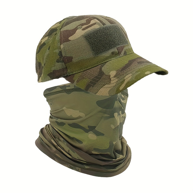 Camouflage baseball cap with cooling neck gaiter and UV protection mask for men and women, suitable for outdoor activities.