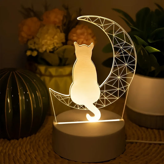 3D Cat on Moon Night Light: USB-Powered Table Lamp, Switch-Controlled Uplight for Home Decor, No Batteries Required.