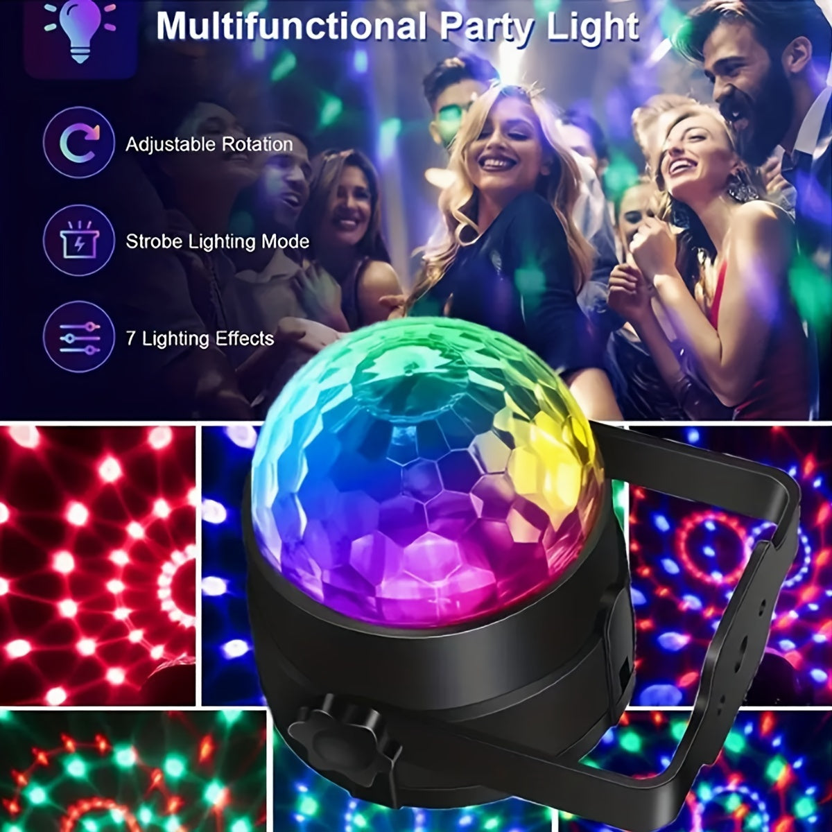 RGB Disco Ball Light with 7 lighting modes, remote control, USB-powered, freestanding plastic construction, ideal for home parties, bars, karaoke, weddings. No laser, multiple room use with button battery operation.