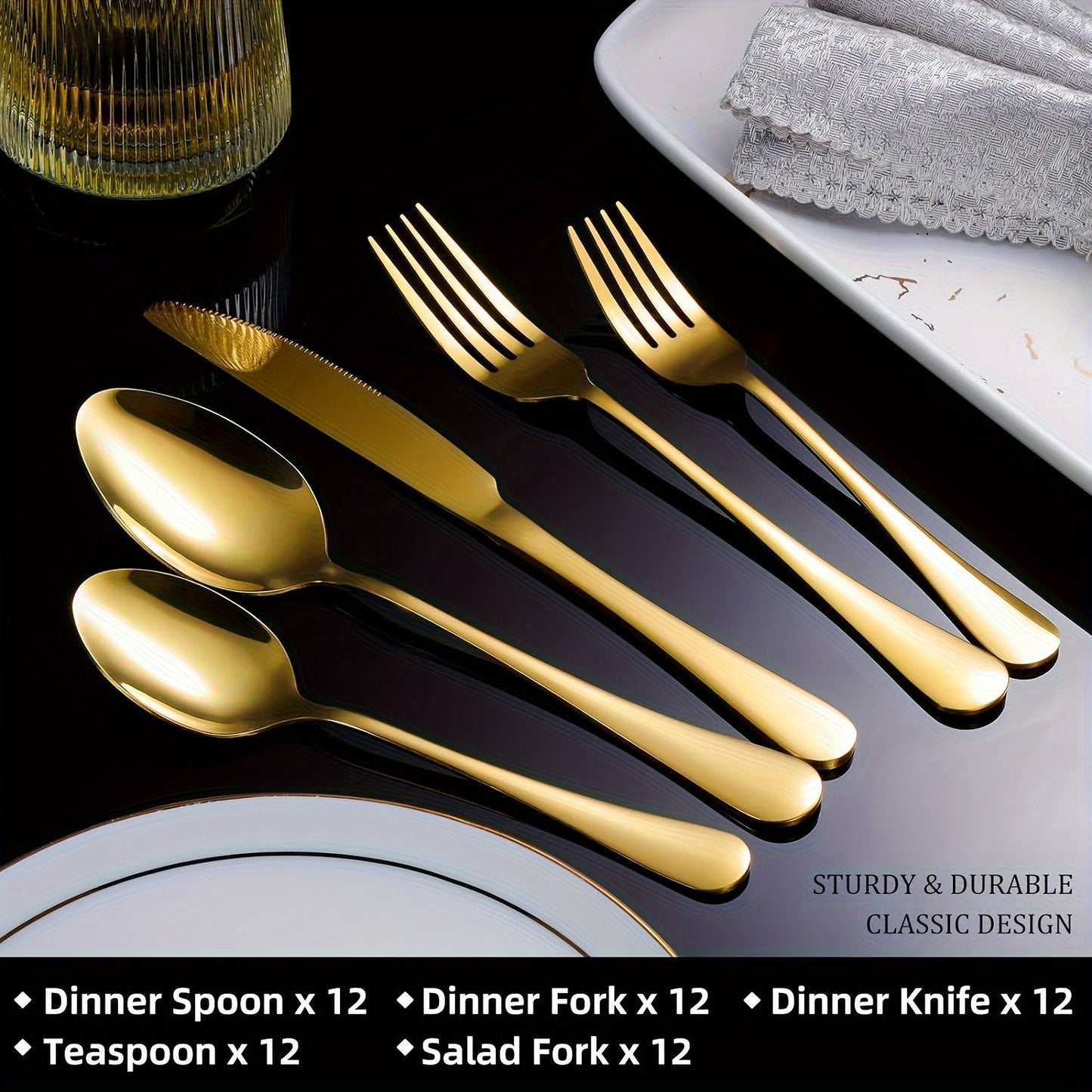 Set of 40/60 pieces of stainless steel cutlery with a luxurious golden finish, perfect for home dining. Each piece is mirror polished and dishwasher safe, making it ideal for special occasions such as Easter, Father's Day, Mother's Day, anniversaries