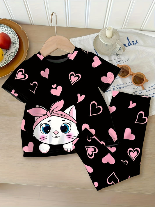 [2pcs Cartoon Cat & Heart Print Casual Outfit Set] Polyester knit top and bottoms for autumn, perfect for outdoor wear.