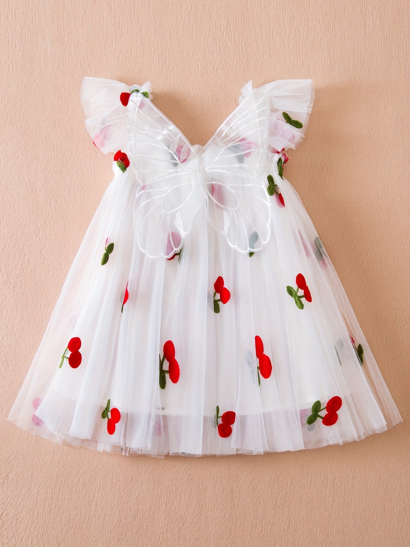 Cute girls' pink cherry embroidered summer dress with ruffled sleeves and tulle skirt - perfect for parties and beach outings. Made of lightweight polyester for a casual straight-cut fit.