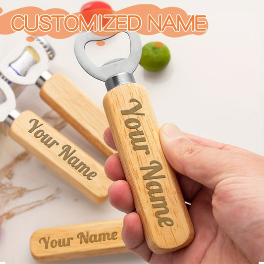 Custom engraved wooden beer bottle opener with stainless steel blade, perfect for any occasion.